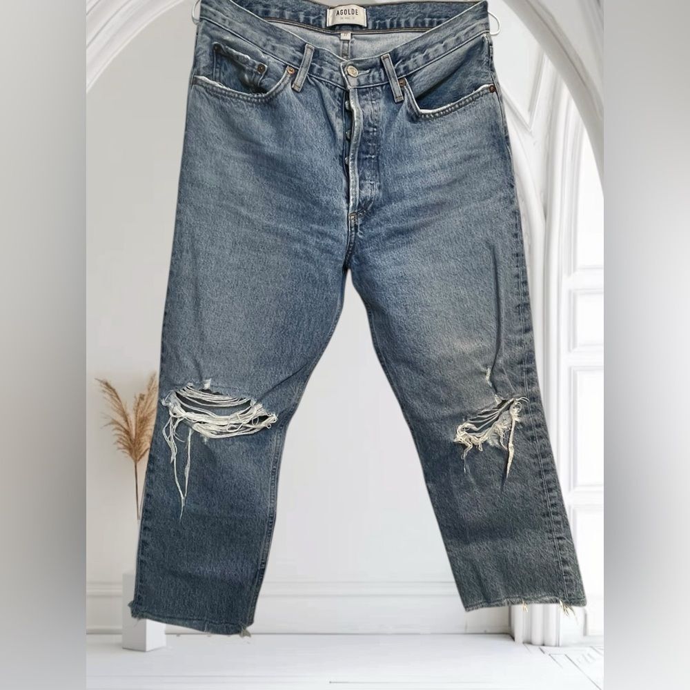 Agolde Lana Distressed Straight Leg Raw Hem 27x25” Run Big!